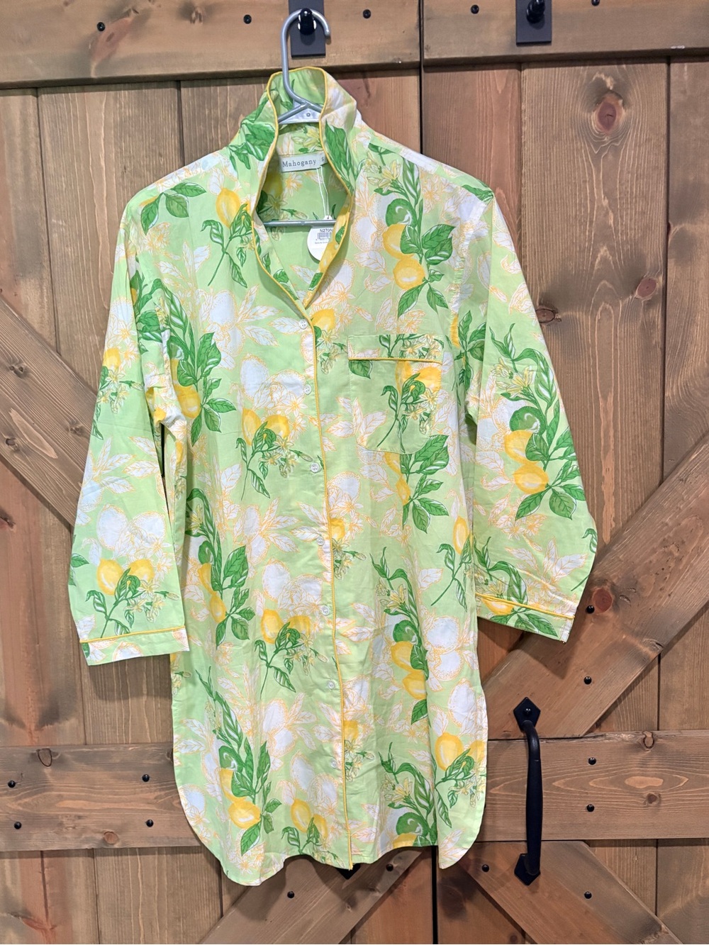 Mahogany Light Green Floral Lemon Print  Button-Up Nightshirt
